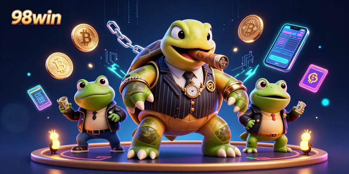 Engage with 98win's vibrant casino scene featuring a snapping turtle and bullfrog enforcers.