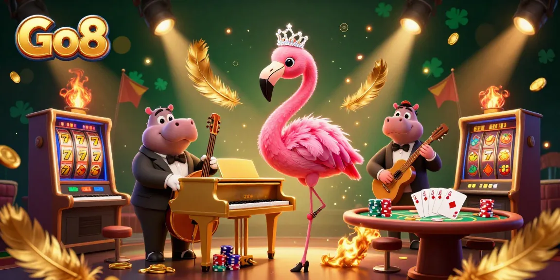 Engage with Go8's vibrant casino atmosphere featuring lively characters and dynamic game elements.