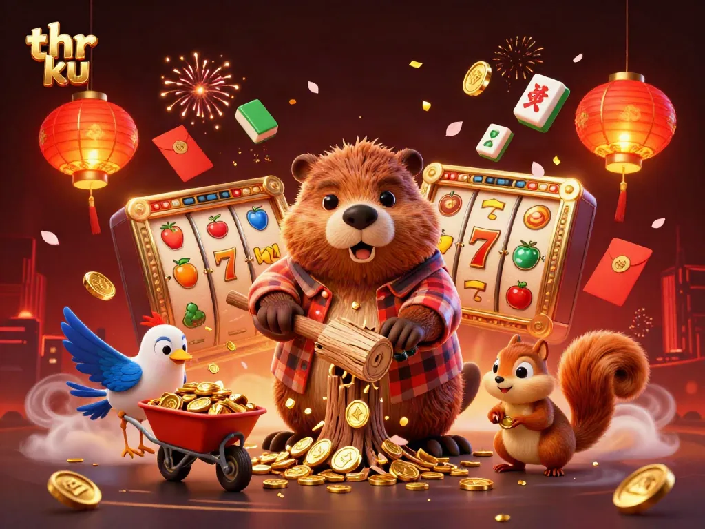 Thr ku jackpot scene with a lumberjack beaver, celebrating wins with vibrant casino elements and golden coins raining down.