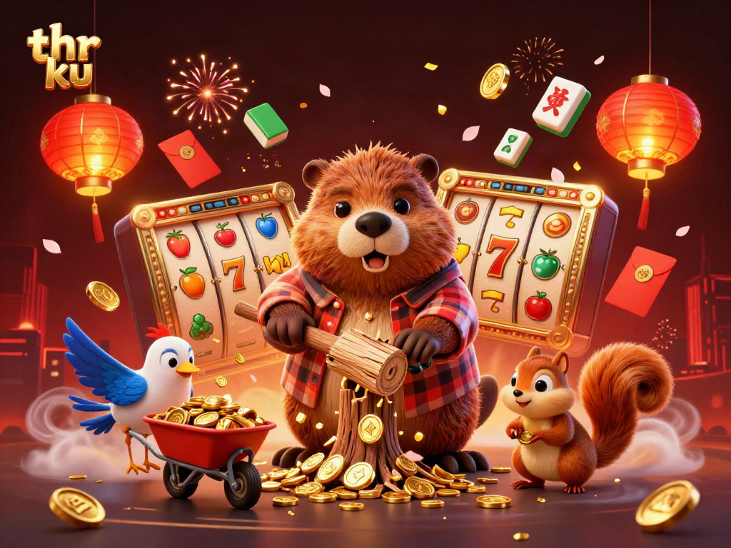 Thr ku jackpot scene with a lumberjack beaver, celebrating wins with vibrant casino elements and golden coins raining down.