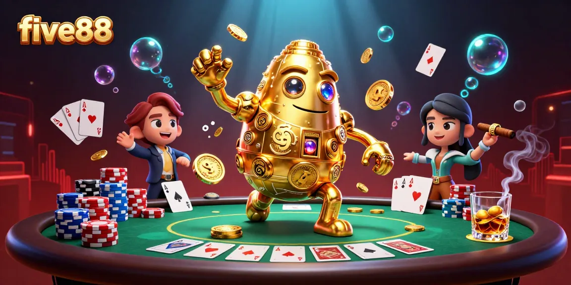 Engage with five88's animated gold golem and poker scene in a dazzling casino illustration.