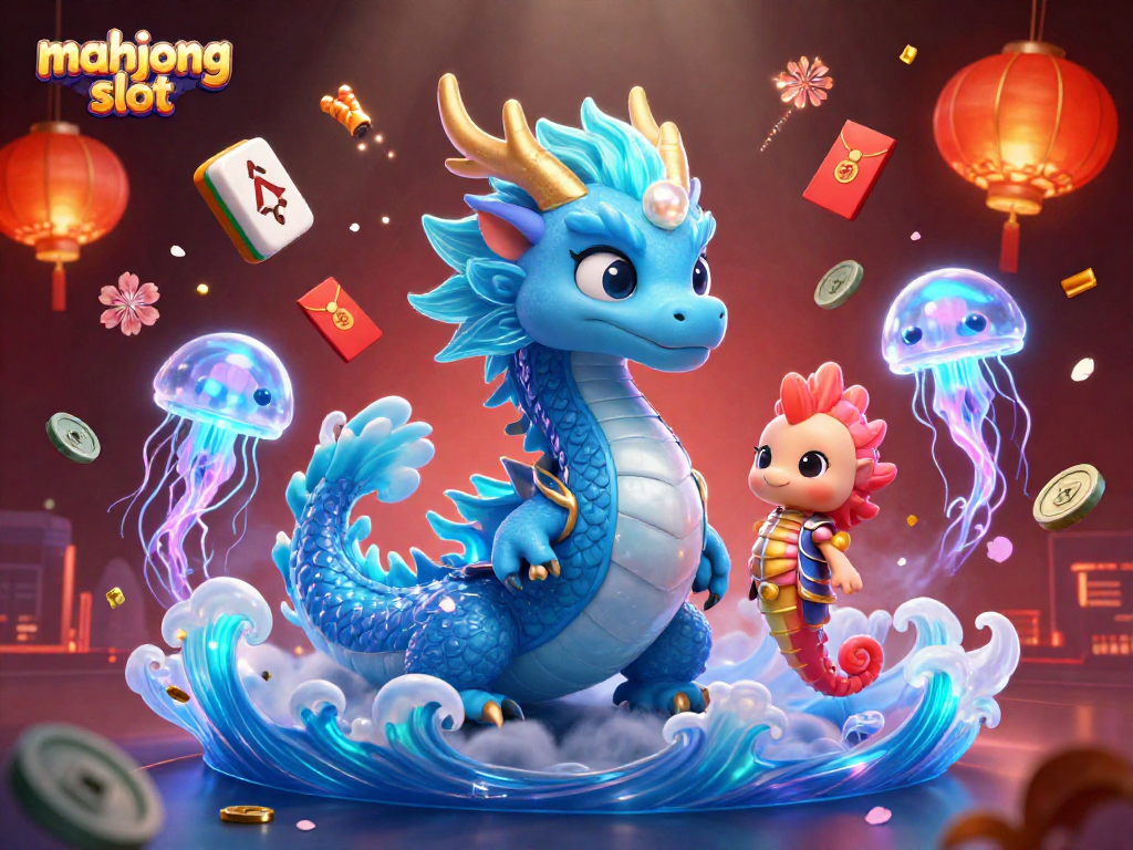 Experience the thrill with mahjong slot in this vibrant underwater illustration featuring dragons and floating tiles.