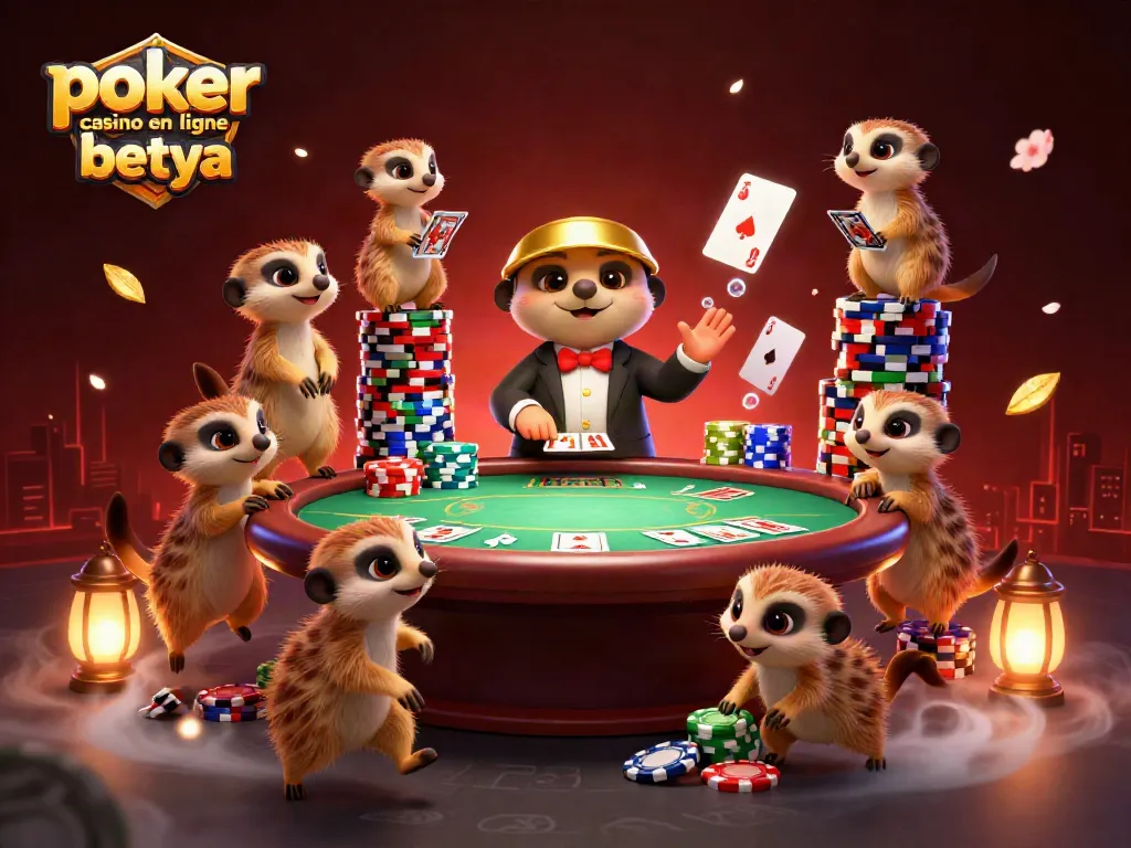 Poker casino en ligne betya showcases a lively scene of meerkats managing a vibrant poker table filled with excitement and energy.