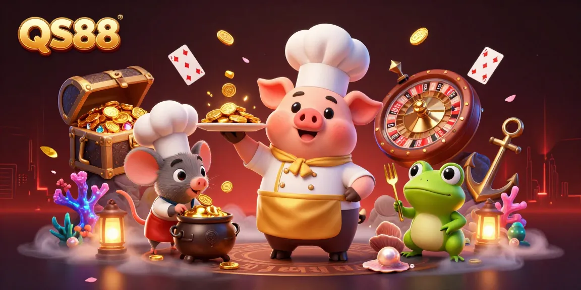 Experience the excitement of QS88 as a chef pig serves gold coins in a vibrant casino scene.