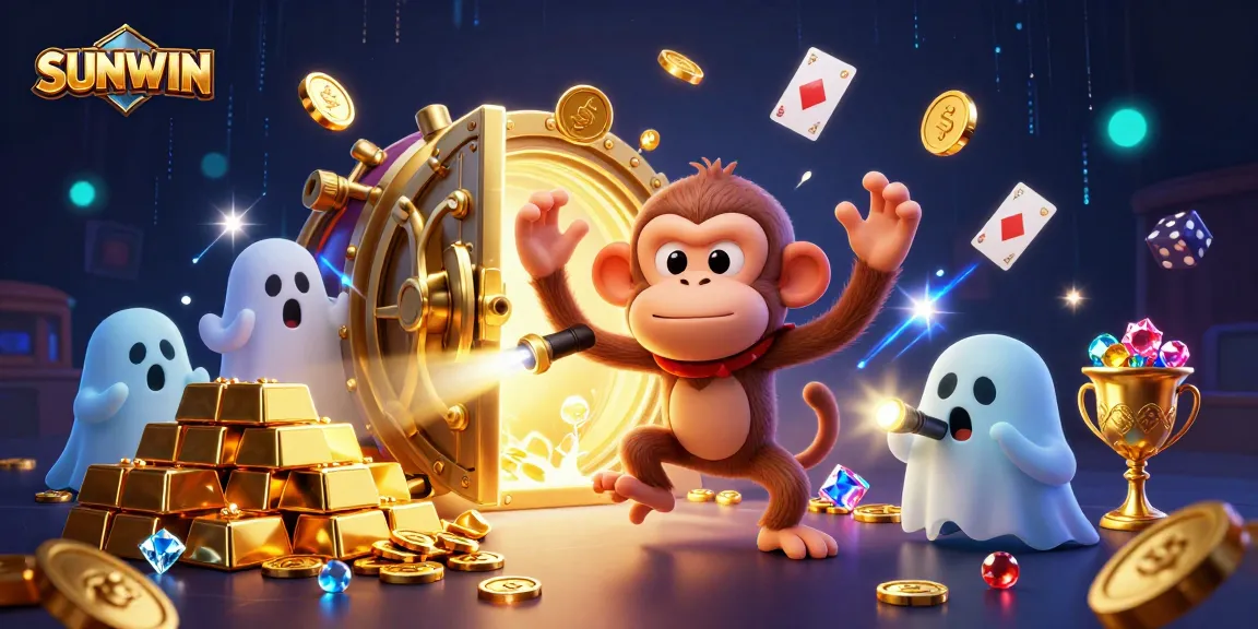 SUNWIN showcases a lively 3D scene of golden treasures with ghostly characters in an exciting casino.
