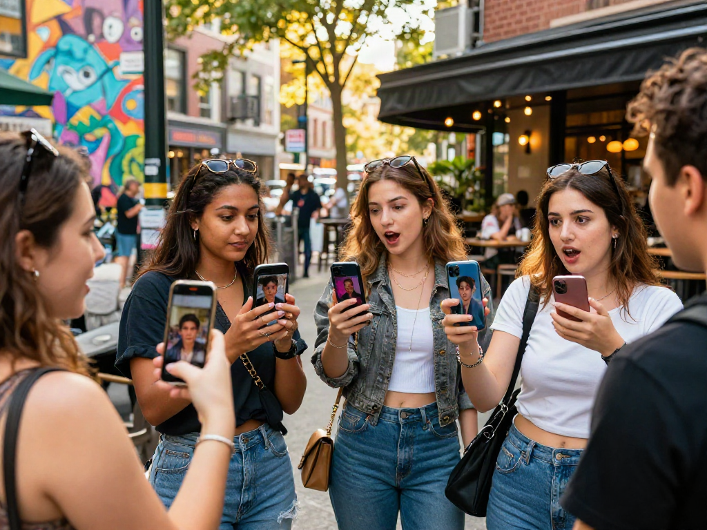 Group enjoying celebrity look alike comparisons outdoors in an urban setting.