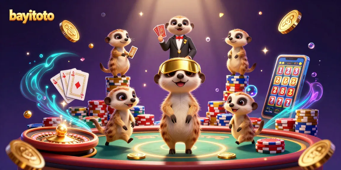 bayitoto mengatur permainan kasino yang seru dengan karakter meerkat dalam ilustrasi 3D yang kaya detail.