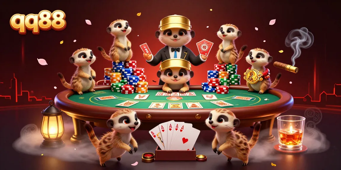Experience the thrilling action at qq88 casino with meerkats managing poker and chips in a dynamic scene.