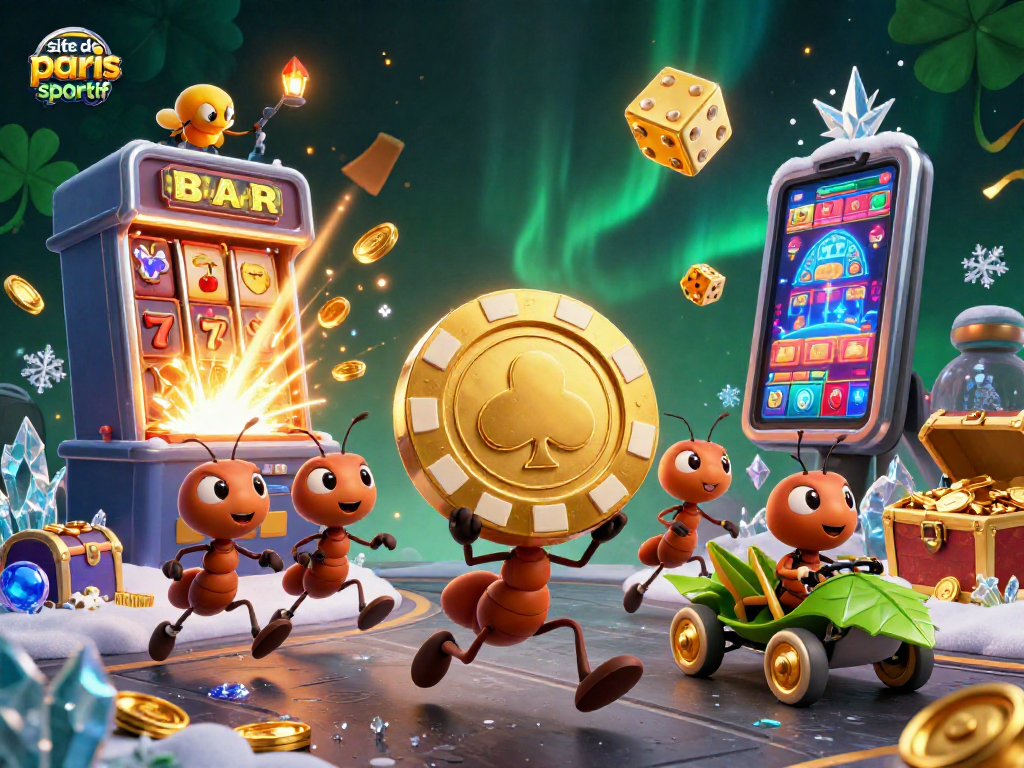 Le site de paris sportif illustre une équipe de fourmis transportant une puce de poker, illuminées par des effets de casino dynamiques.