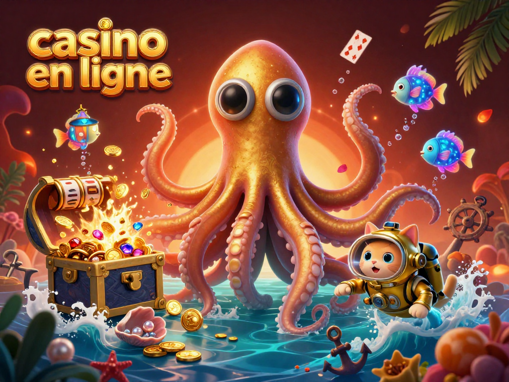 Illustration d'un casino en ligne dynamique avec un kraken, un chat plongeur et des poissons profonds illustrant des jeux de casino.