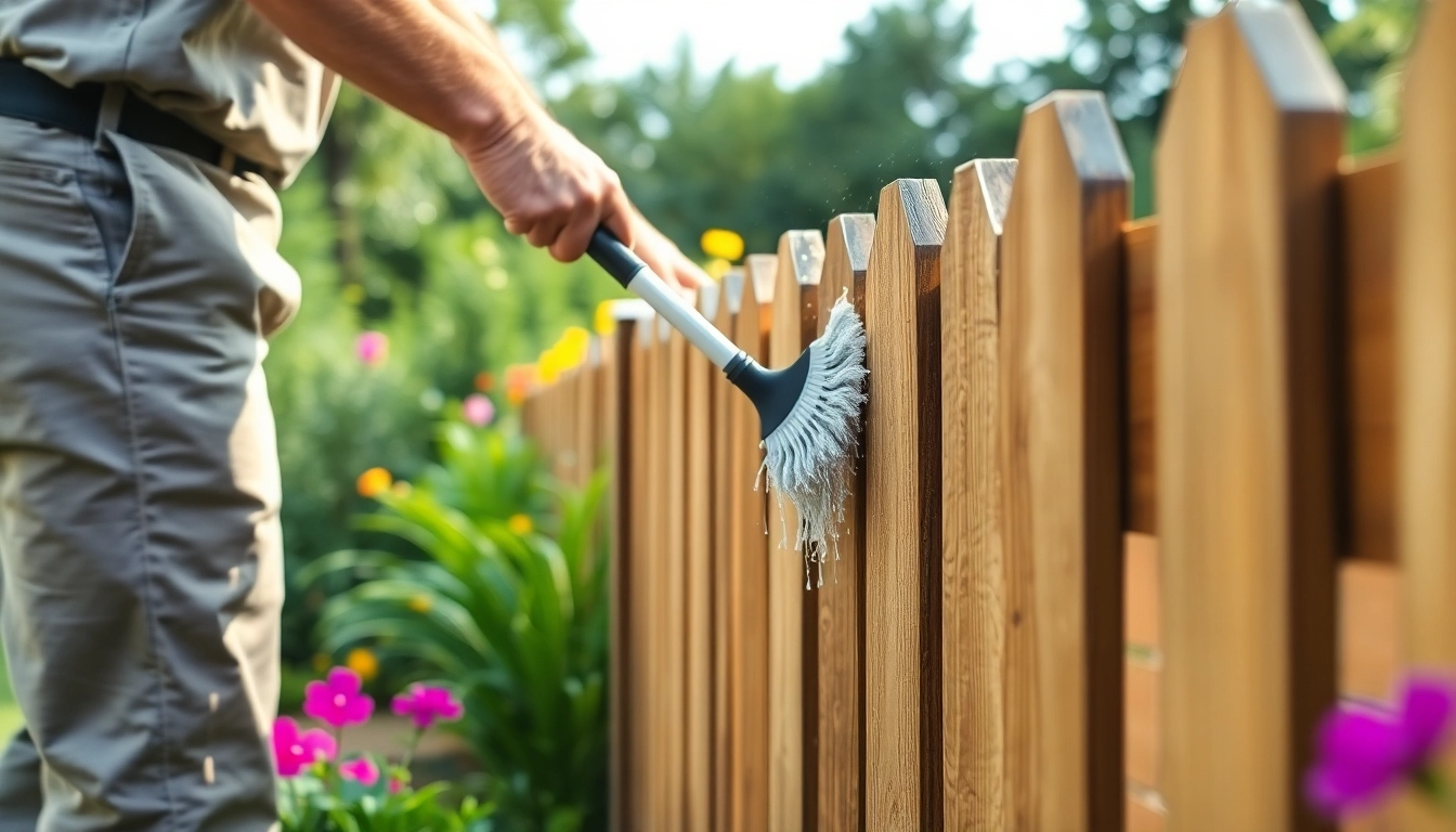 Worker performing Fence Cleaning on a wooden fence in a vibrant garden setting.