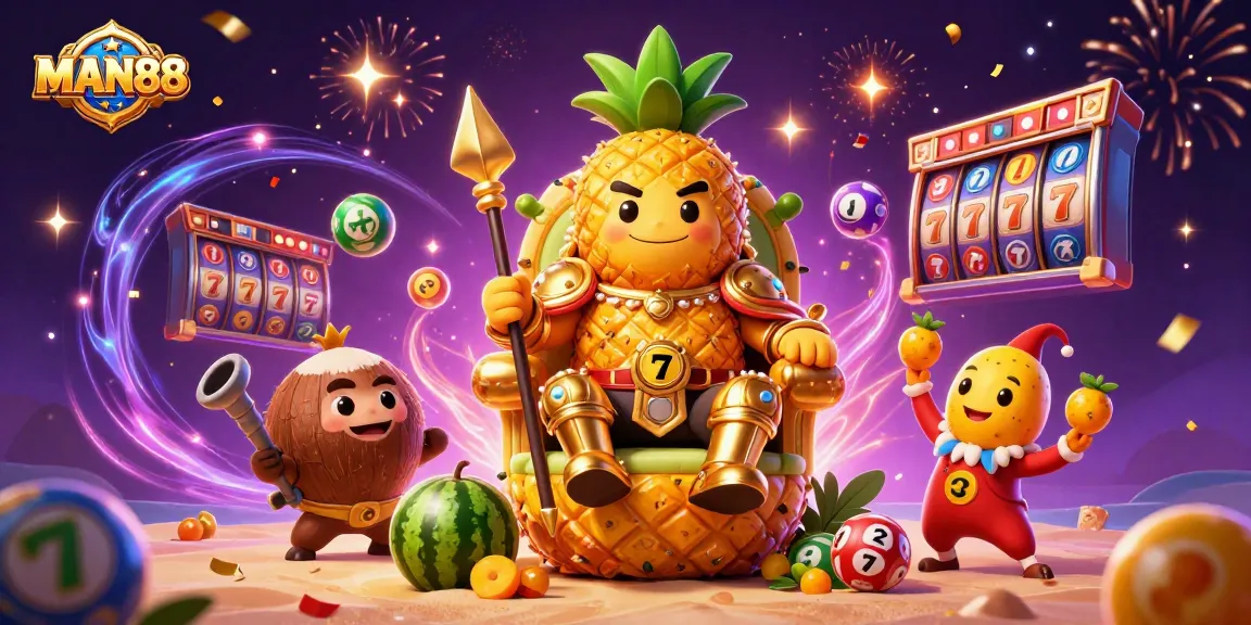 Experience thrilling bets with MAN88 in a vibrant casino scene featuring a golden pineapple king.