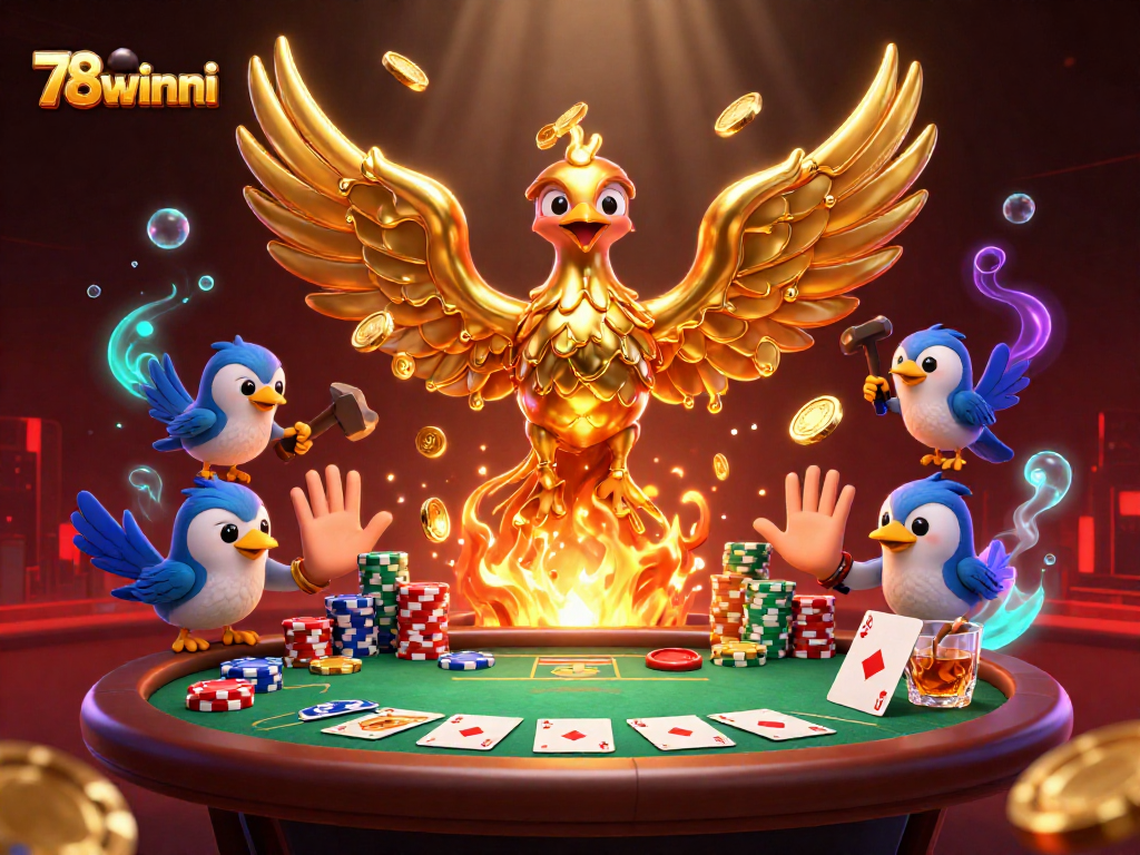 Immerse in 78winni's dynamic poker gaming scene with gold-solidifying phoenix and immersive casino elements.
