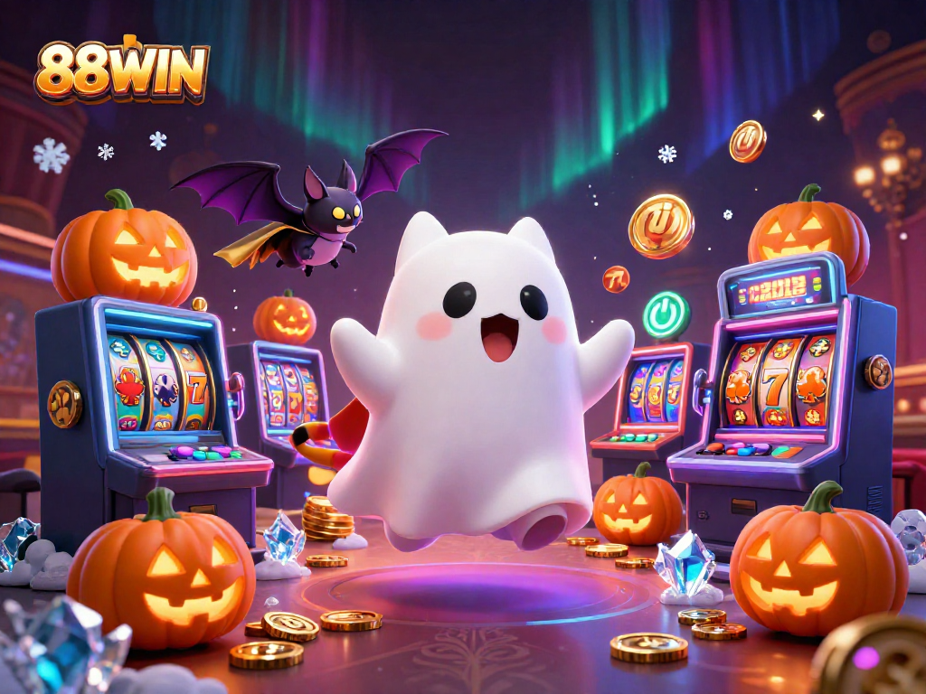Experience thrilling gaming action at 88WIN with a ghost cat and vampire bat in a luxurious casino.