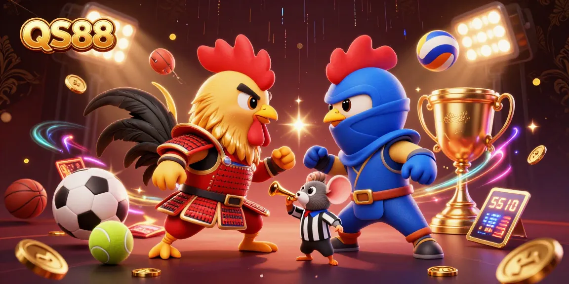 QS88 captures the thrilling showdown between roosters in samurai and ninja gear, set amidst dynamic sports elements.