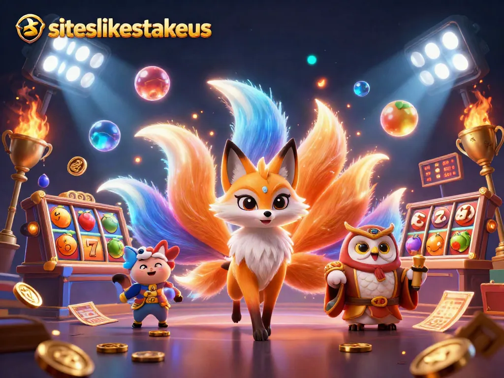 Spin and win with siteslikestakeus, a vibrant gambling scene featuring colorful characters and gaming elements.