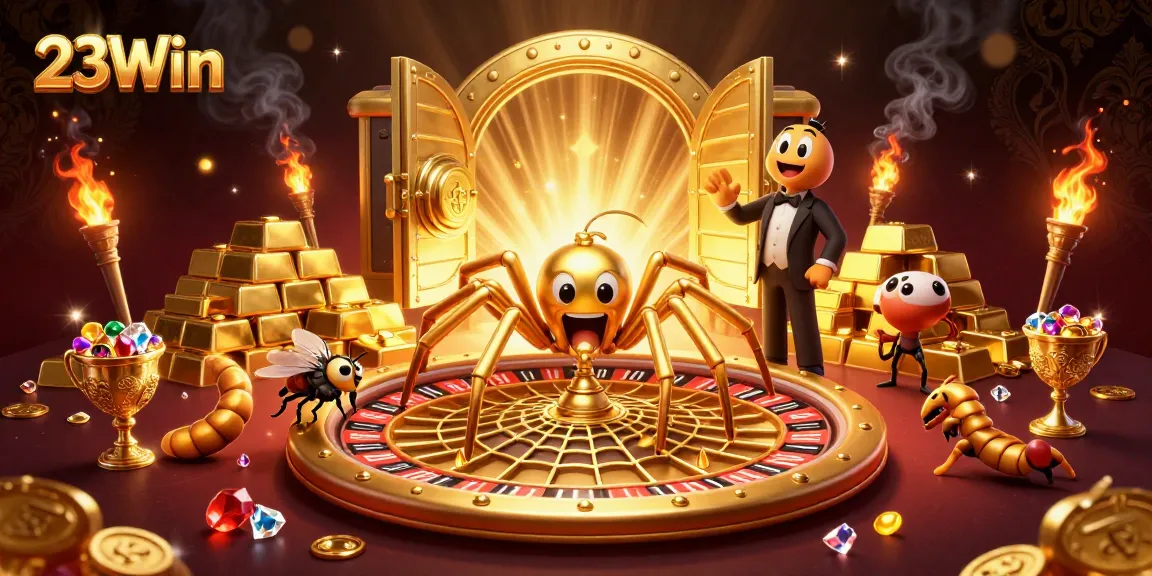 Engage in thrilling bets at 23Win as a golden spider spins a roulette wheel web.