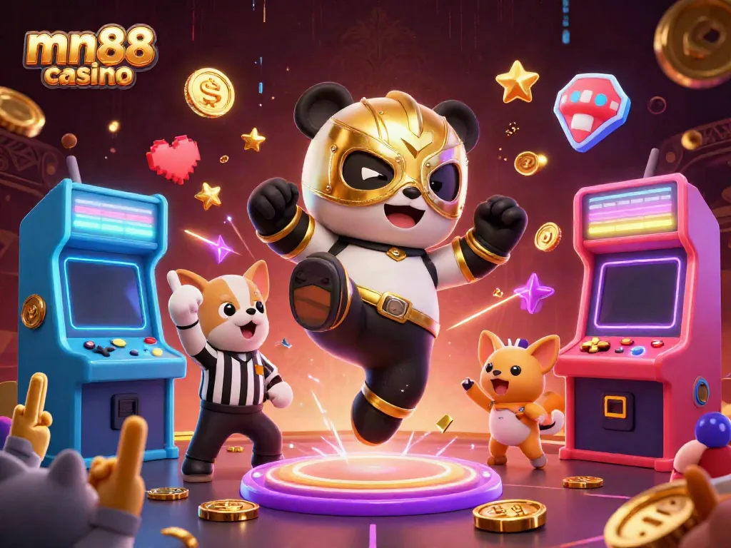 Experience the thrill of mn88 casino with engaging visuals featuring a wrestling panda and animal audience.