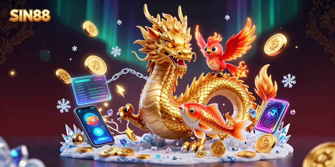 Spin to win with SIN88 as a fierce golden dragon coiled amidst crypto coins.