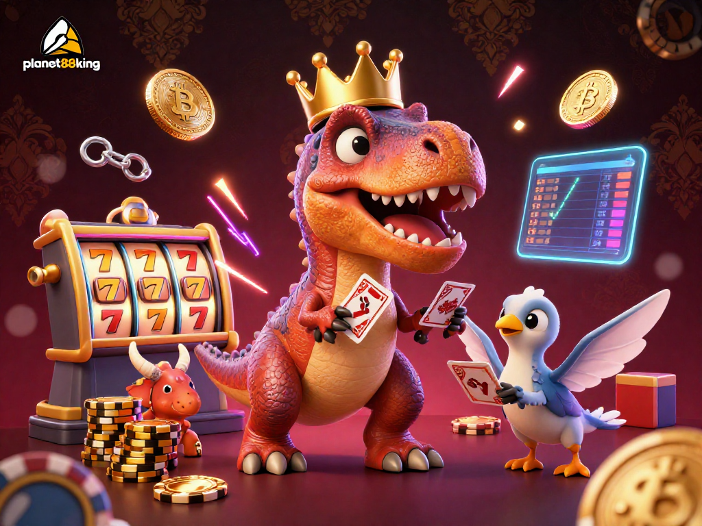 Join the fun with planet88king, featuring T-Rex and friends in an exciting jackpot slot scene.