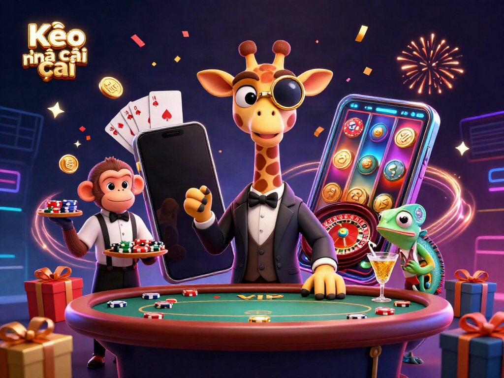 Experience Kèo nhà cái with a high-roller giraffe at a vibrant casino scene filled with coins and games.