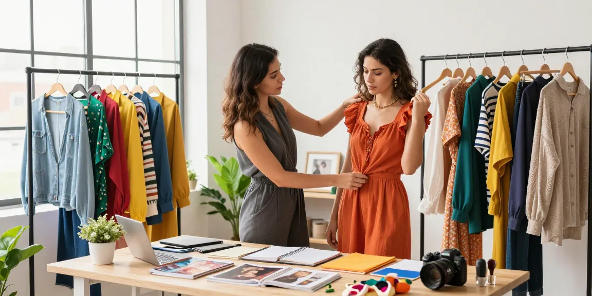 Consulente d'immagine aiuta una cliente a esplorare il suo stile personale e scegliere gli outfit giusti.