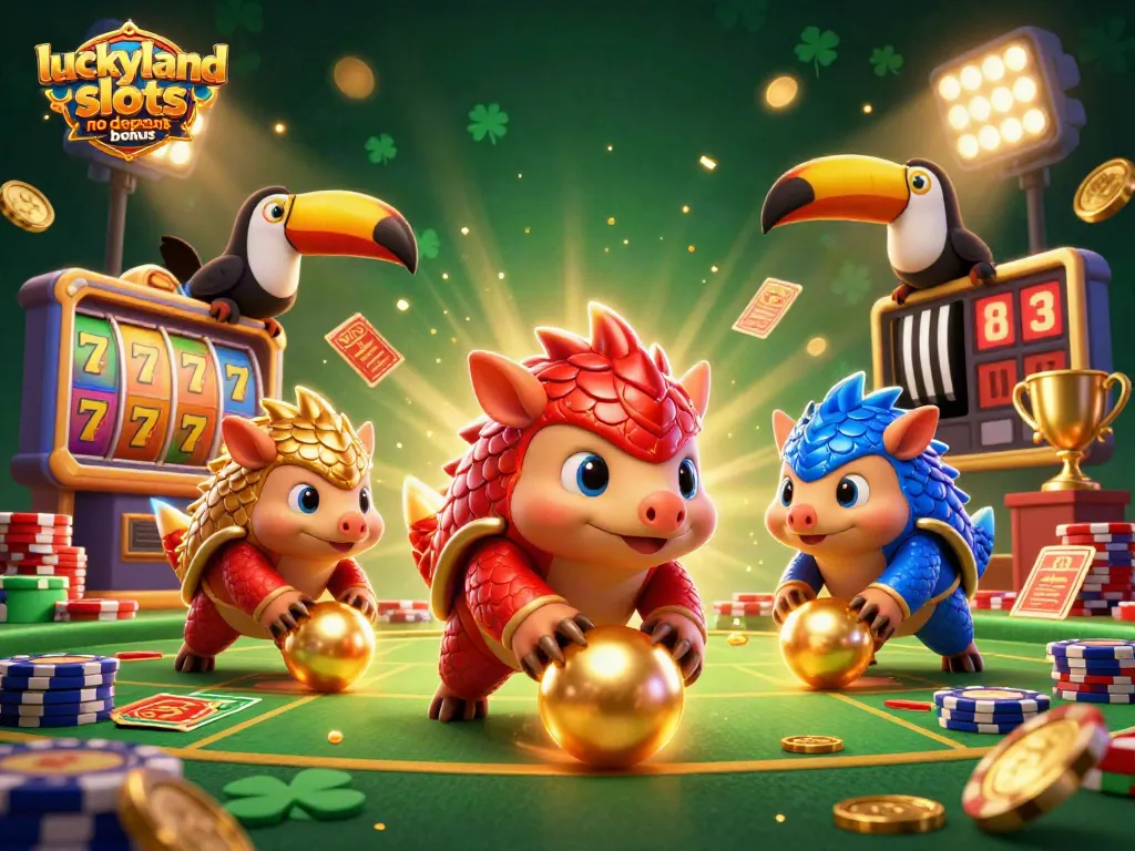 A dynamic scene showcasing the luckyland slots no deposit bonus with rival pangolins amidst colorful slot reels and golden coins.