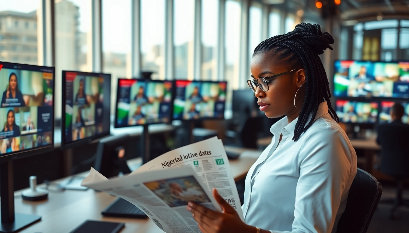 Nigerian Newspapers showcased in a dynamic newsroom environment with a journalist engaged in reading.