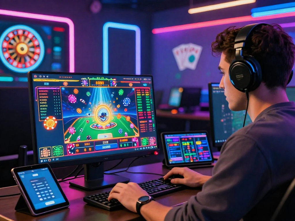 Engaging crypto casino scene with vibrant digital games and virtual chips.