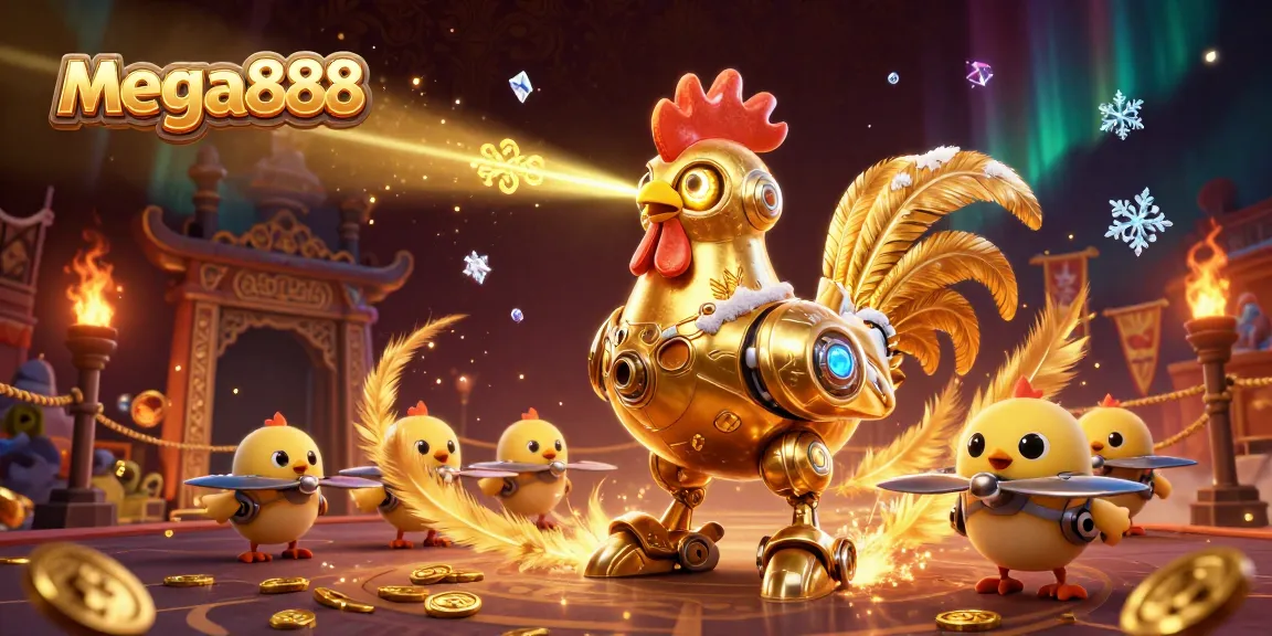 Experience mega888 excitement with a vibrant illustration showcasing a golden rooster robot and dynamic game elements.