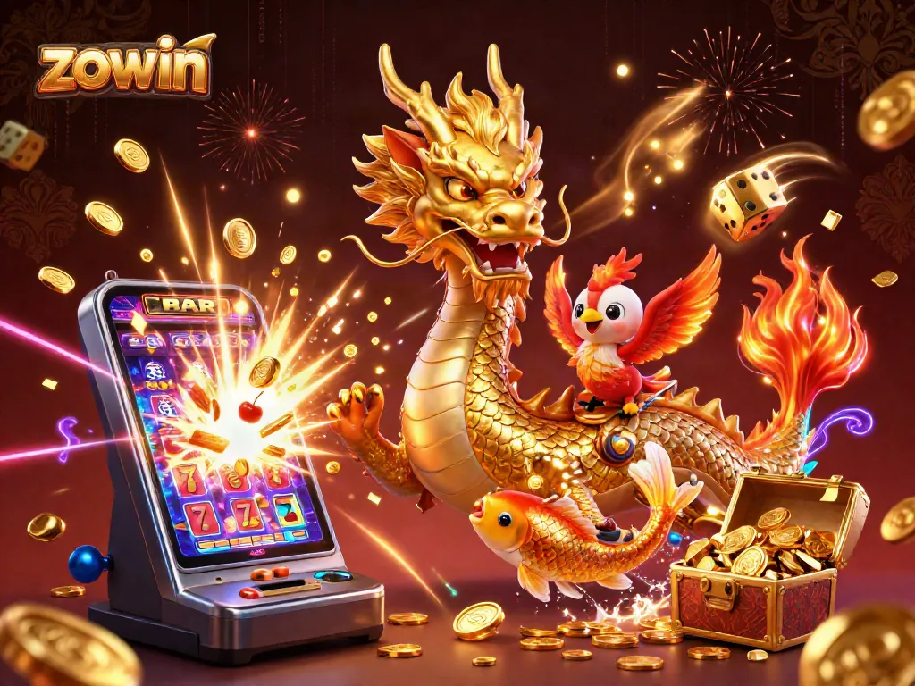 Experience exhilarating wins with Zowin in this vibrant 3D casino illustration featuring a golden dragon and jackpot elements.