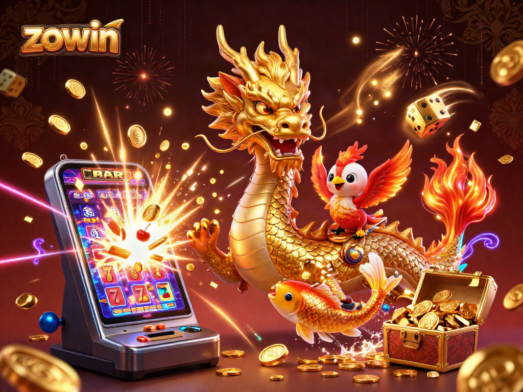 Experience exhilarating wins with Zowin in this vibrant 3D casino illustration featuring a golden dragon and jackpot elements.
