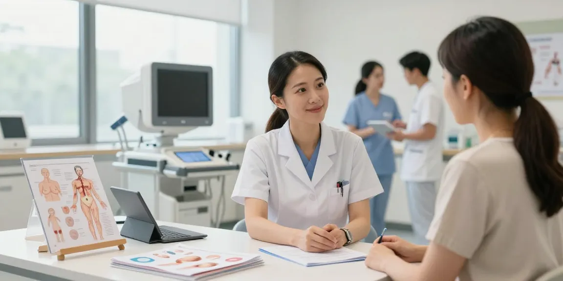 Breast care specialists consulting with a patient in a modern clinic.