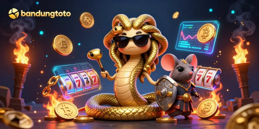 Engage with bandungtoto's thrilling games alongside lively characters in this vibrant digital illustration.