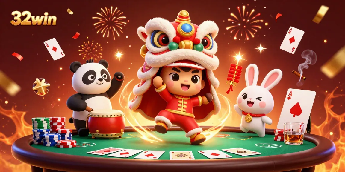 Engage in thrilling poker action with 32win, showcasing a lively lion dance and colorful game elements.