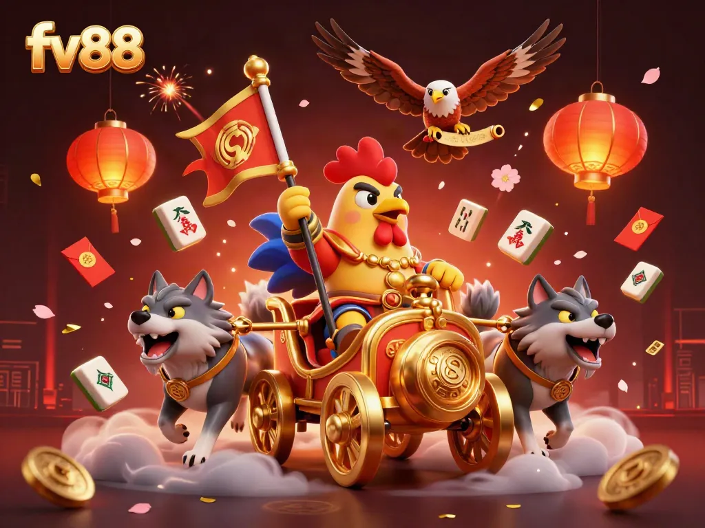 Experience thrilling gameplay at fv88 with a majestic rooster warlord leading a vibrant casino scene