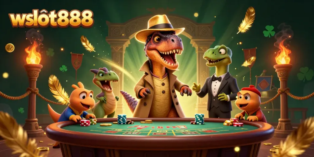 wslot888 menampilkan ilustrasi kasino 3D dengan velociraptor di meja blackjack, suasana dramatis, memenangkan jackpot.