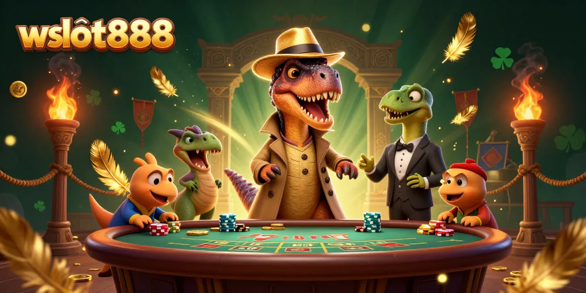wslot888 menampilkan ilustrasi kasino 3D dengan velociraptor di meja blackjack, suasana dramatis, memenangkan jackpot.