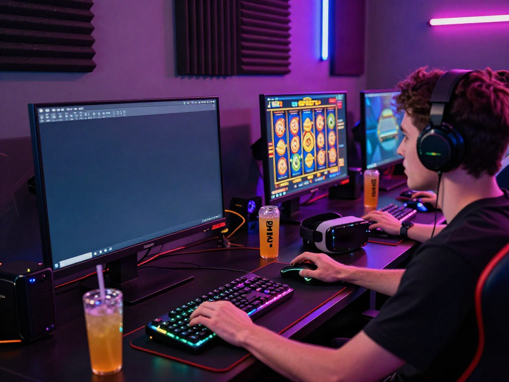 Engaging gamer playing PG SLOT on a vibrant setup with glowing peripherals and a dynamic monitor.