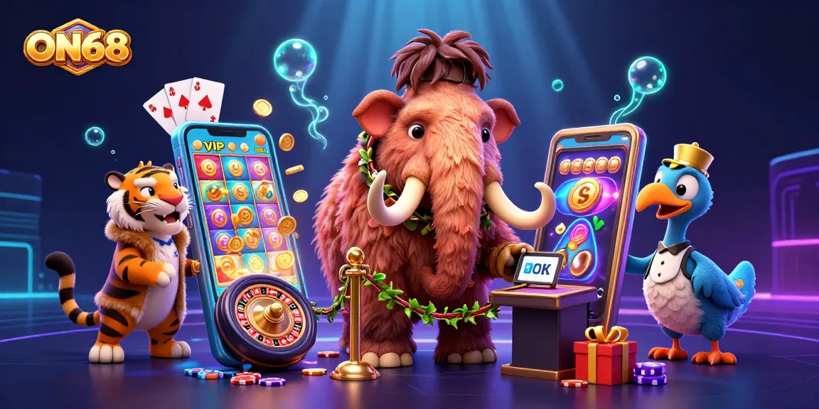 Experience ON68's vibrant casino scene with a woolly mammoth bouncer and dynamic gaming elements.