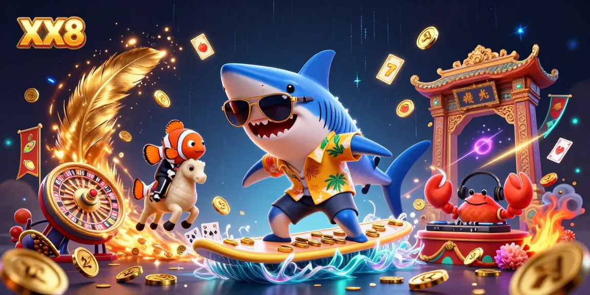 Engage with XX8 on a vibrant casino-themed scene featuring animated characters and rich game elements.