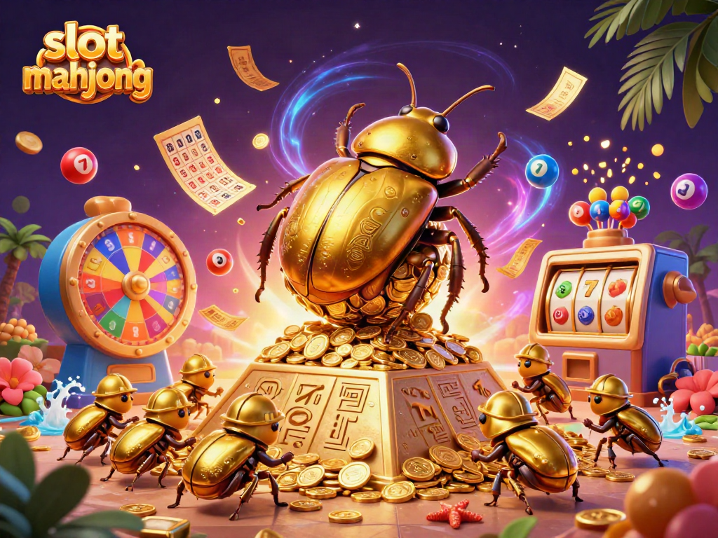 Experience slot mahjong with a vibrant scene featuring a golden dung beetle and casino symbols.