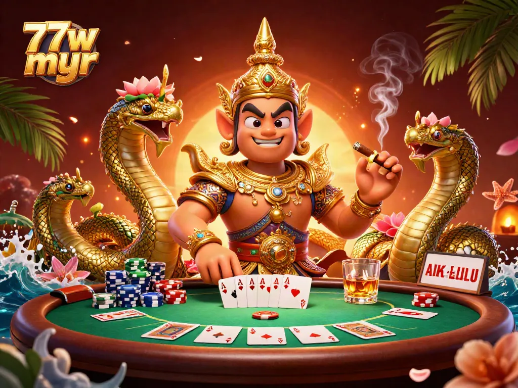 Experience thrilling poker action at 77w myr, showcasing vibrant characters in a packed casino scene.