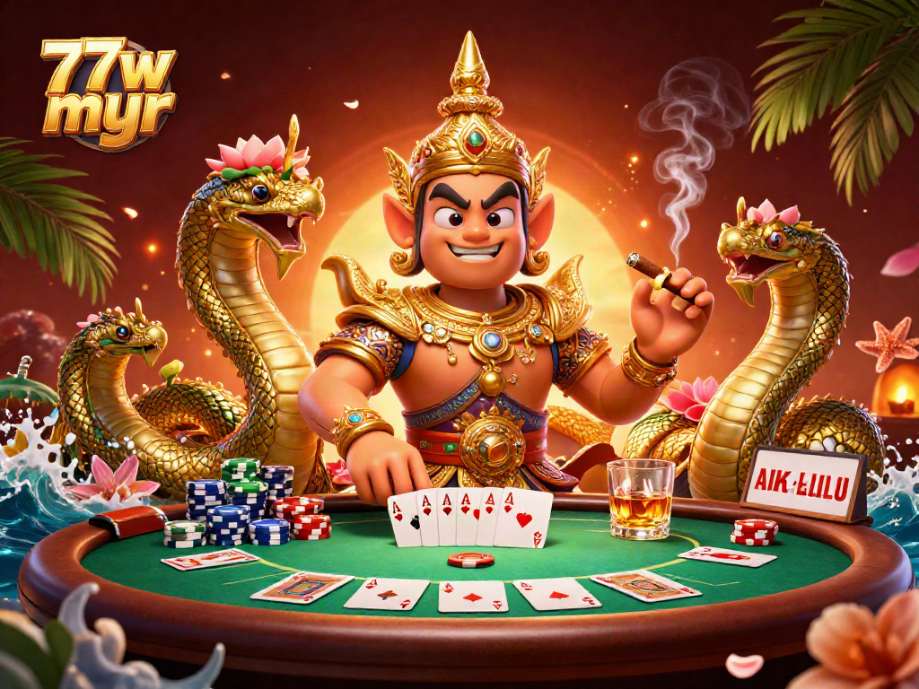 Experience thrilling poker action at 77w myr, showcasing vibrant characters in a packed casino scene.