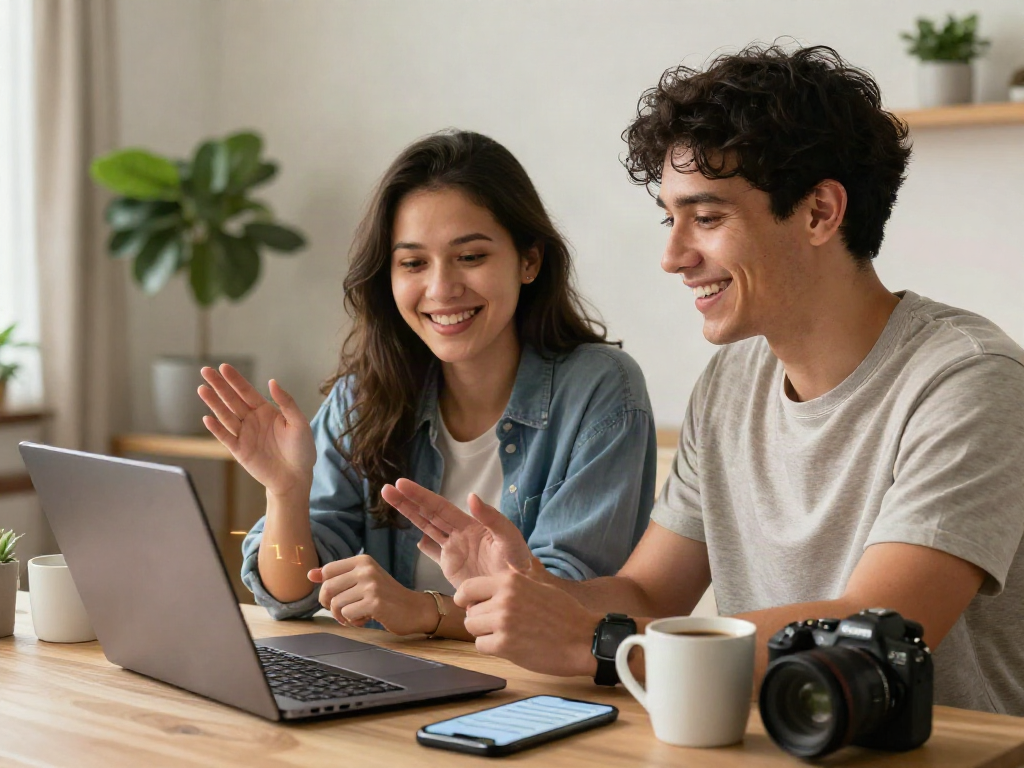 Couple connecting through girlfriend AI on video call in modern digital workspace.