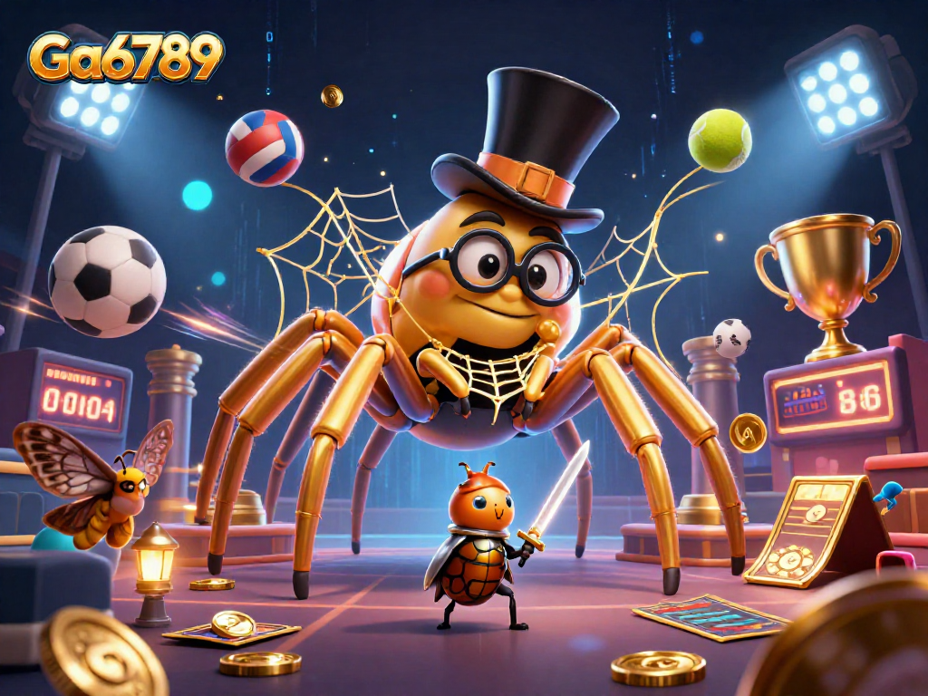 Ga6789 offers a vivid fantasy scene featuring a golden tarantula, sports elements, and vibrant magical effects.