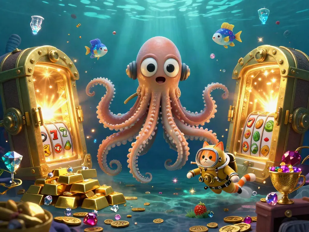 Engage with the thrilling features of slot gacor in a dynamic treasure-filled underwater scene.