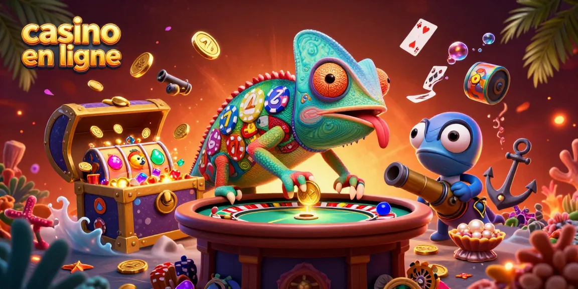 Jouer au casino en ligne avec le propriétaire caméléon, entouré de trésors scintillants.