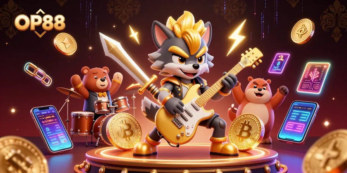 Engage with OP88 in a lively casino scene featuring animated characters showcasing vibrant gaming elements.