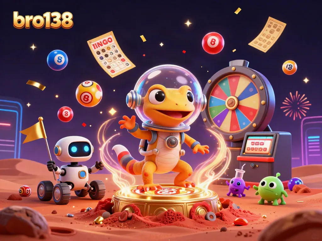 Experience bro138's thrilling casino adventure with a Martian gecko and vibrant game elements.